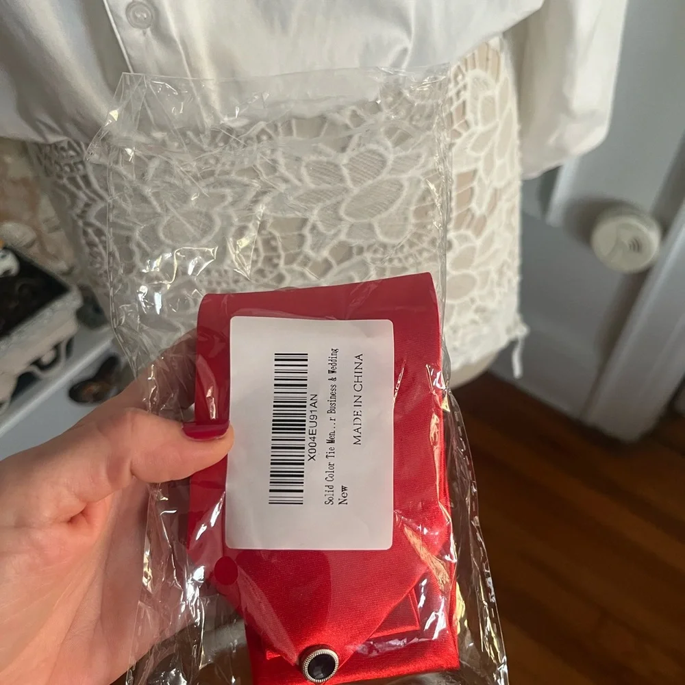 NWT Red women Tie with handmade Doll brooch and pin Accessory